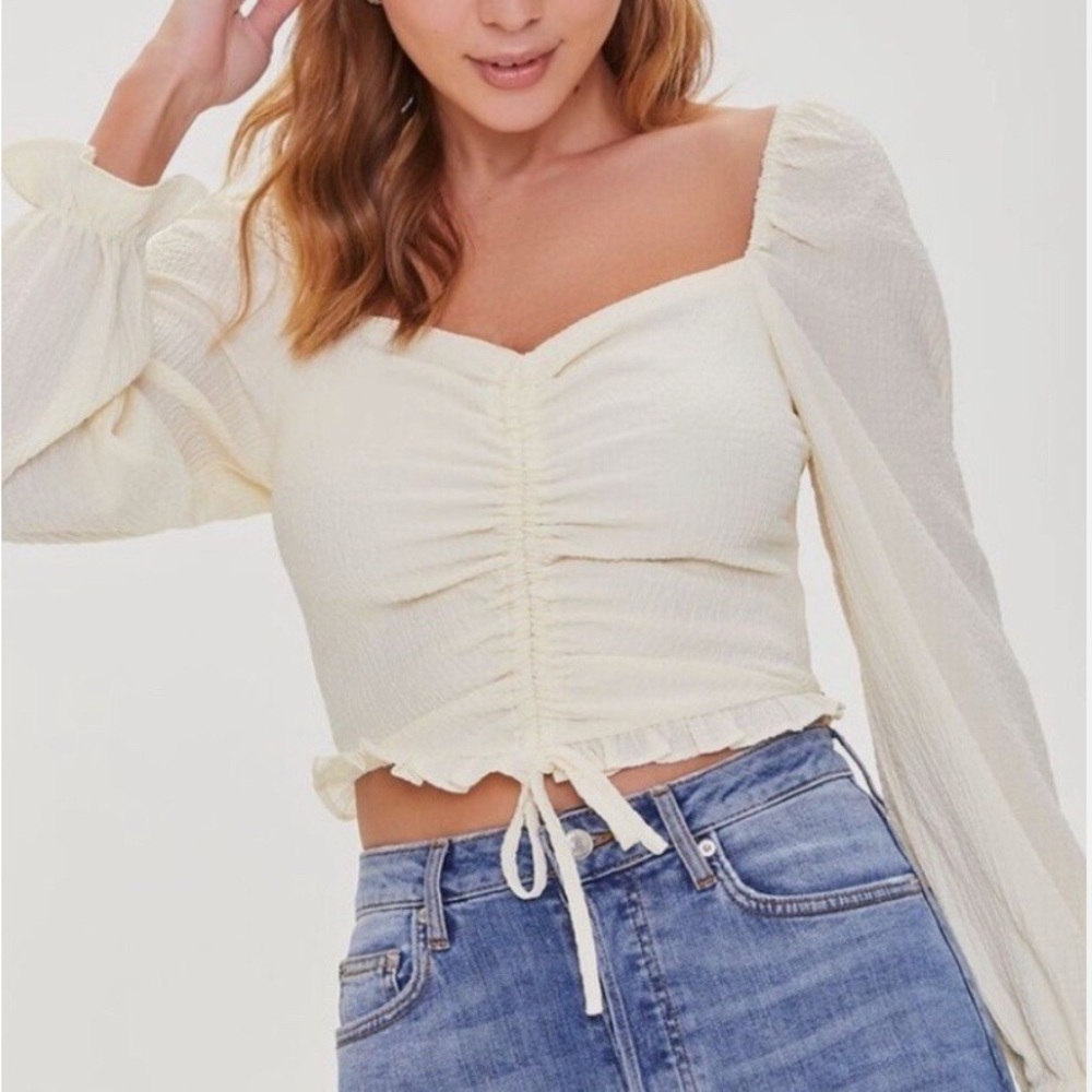 Forever 21 Cream Puff Sleeve Ruched Crop Blouse